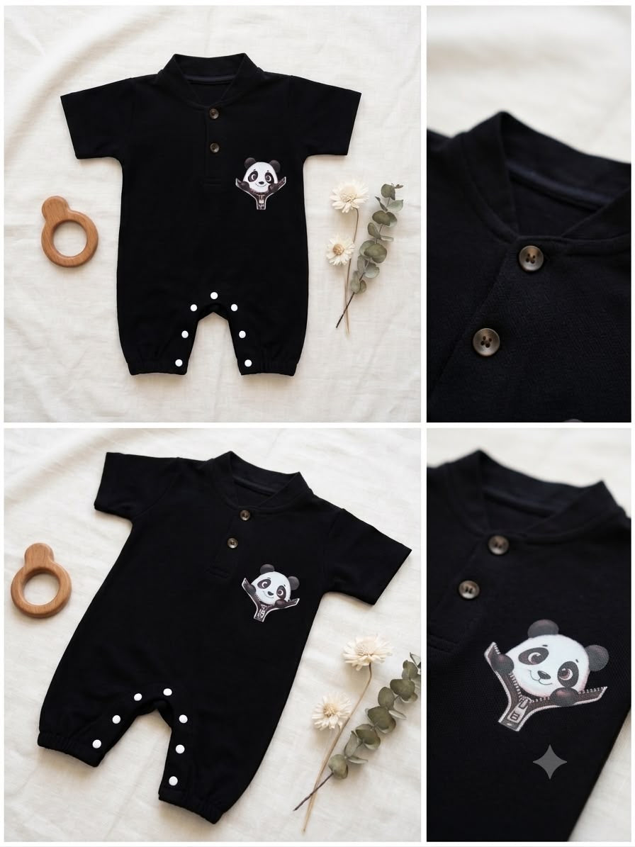 Panda Henley Romper – Black