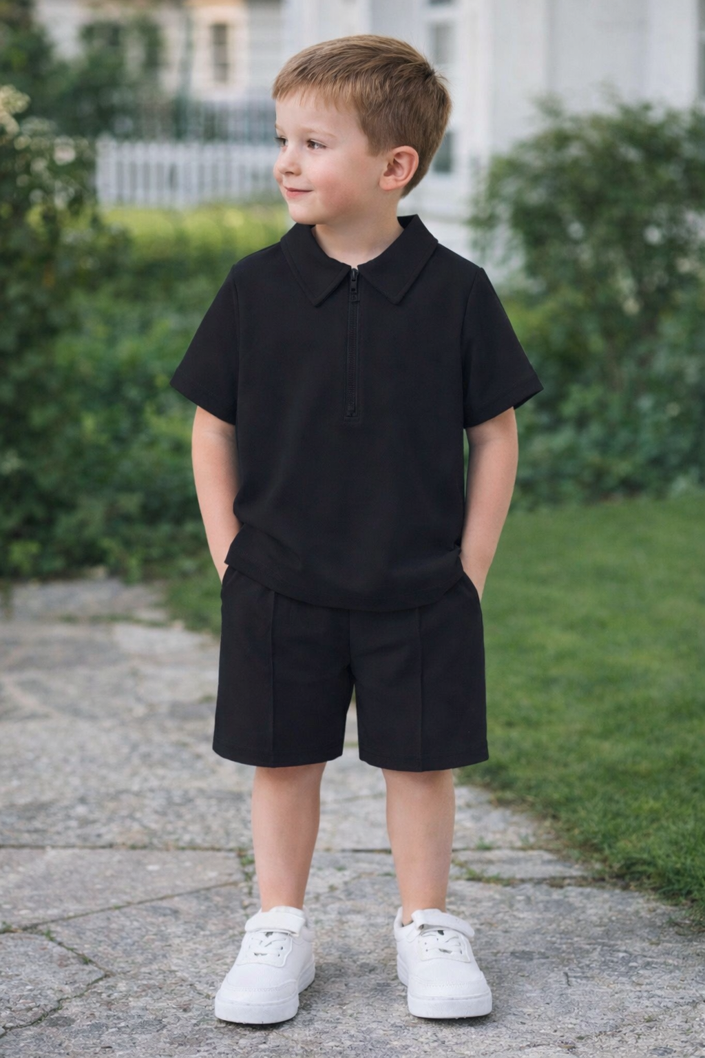 Black Zipper Polo Set