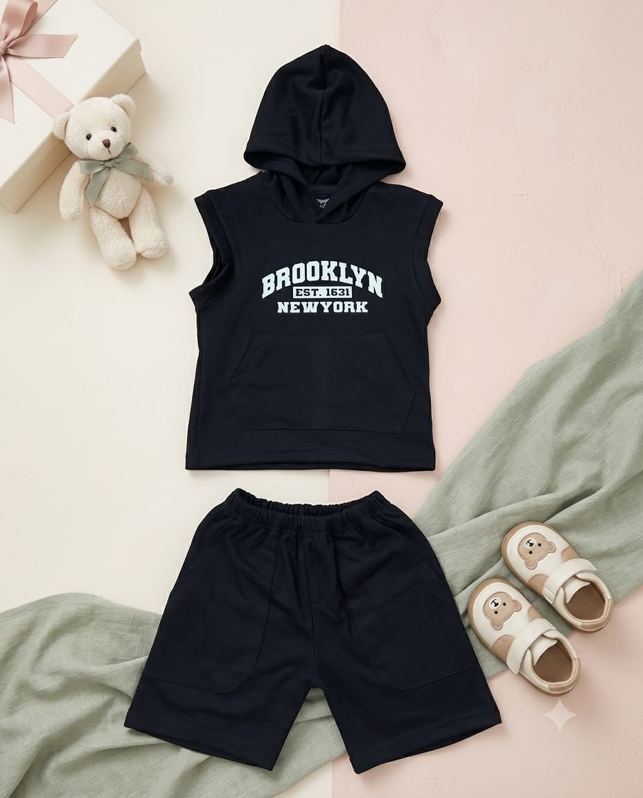 Brooklyn black Sleeveless Hoodie & Shorts Set