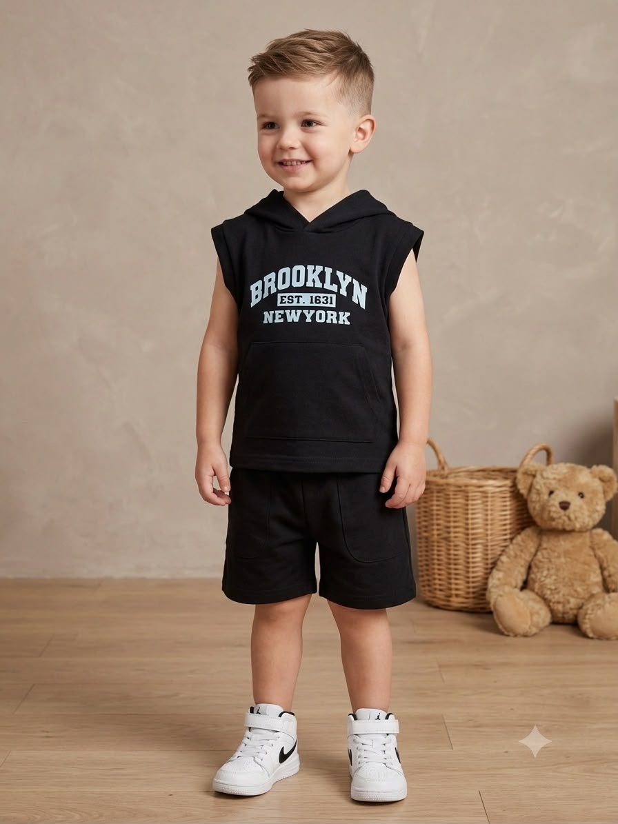 Brooklyn black Sleeveless Hoodie & Shorts Set