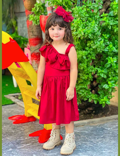 Red Baby Girl Pleated  Bow Dress
