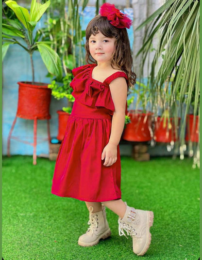 Red Baby Girl Pleated  Bow Dress